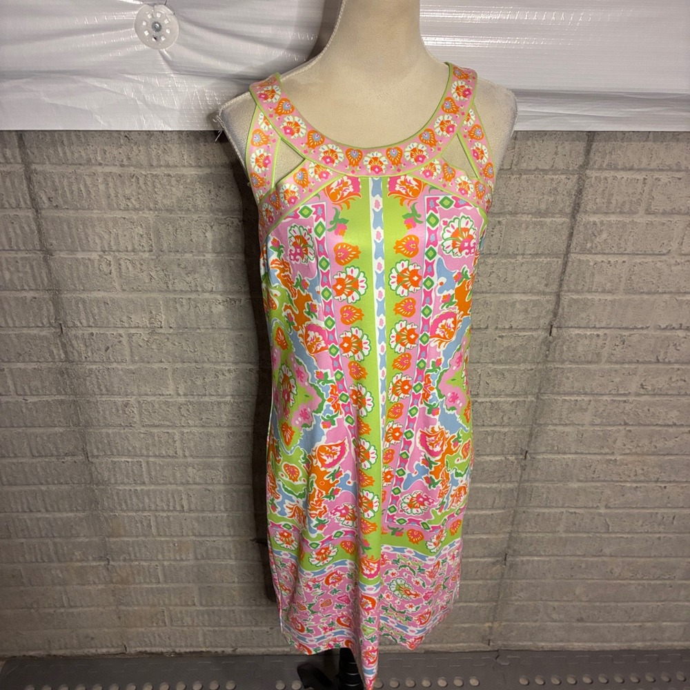 Gretchen Scott Floral Geometric Cutout Shift Dress Pink Green Size Medium